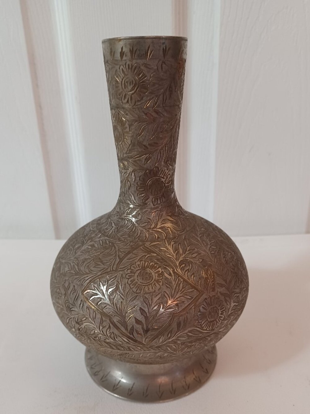 Vintage KAE India Brass Pedestal Vase Etched Floral 8.25" Bulbous MCM